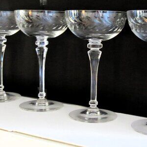 JUST SOLD! Mid Century Etched Lead Crystal Martini Cocktail Glasses, Set of 6